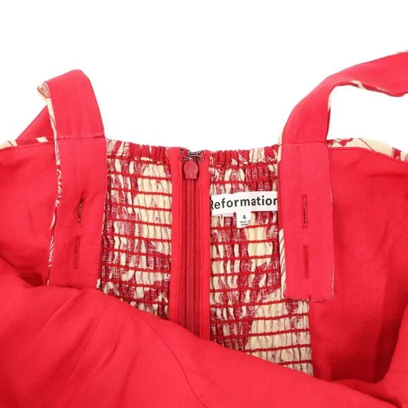 Reformation Thea Linen Dress in Las Dalias Floral Red Cream Dress 4 - Picture 7 of 8